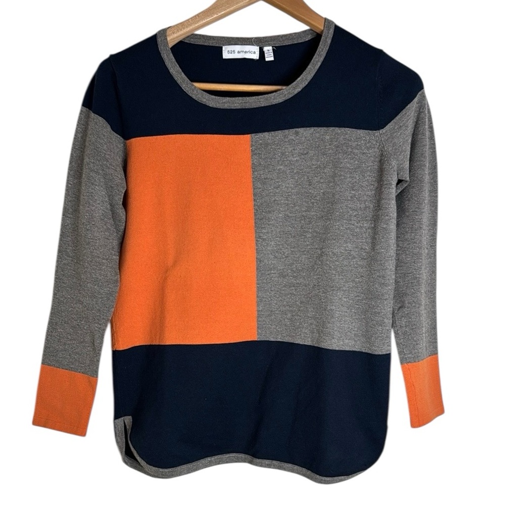 525 America Colorblock Navy Gray Orange Crew Neck cotton blend Sweater size S